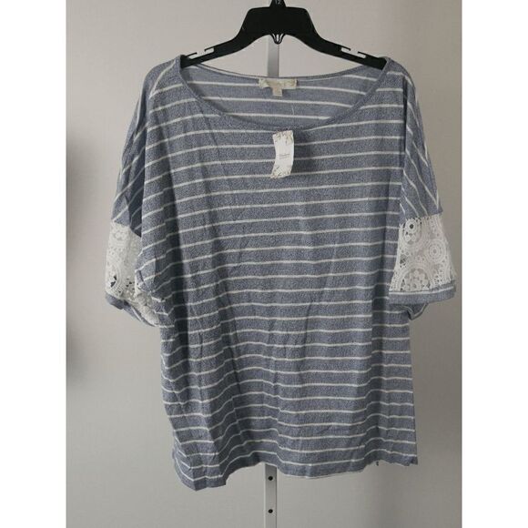 Suzanne Betro Blue & White Stripe Lace-Accent Drop-Shoulder Tee #1987-D4 - Picture 2 of 7